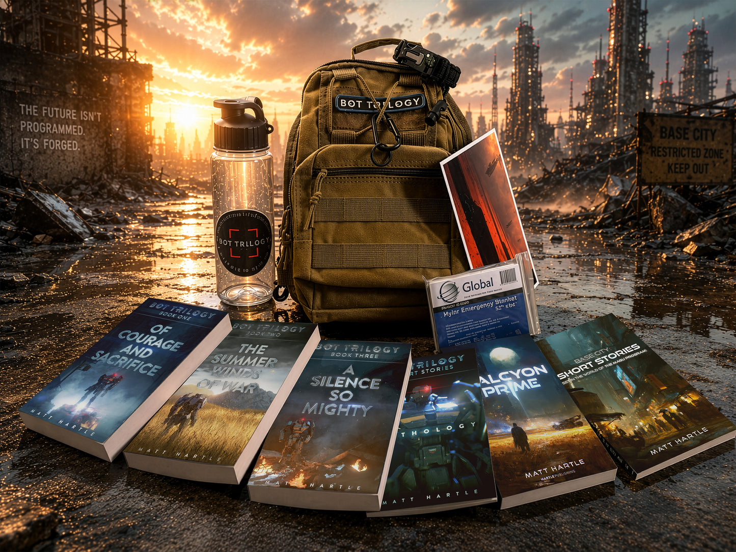 A tactical-style olive green backpack stands in a ruined futuristic city scene, surrounded by several books, a clear water bottle, and a small card. The backpack has a visible 'BOT TRILOGY' patch, and the books appear to be the sold product set rather than incidental props.