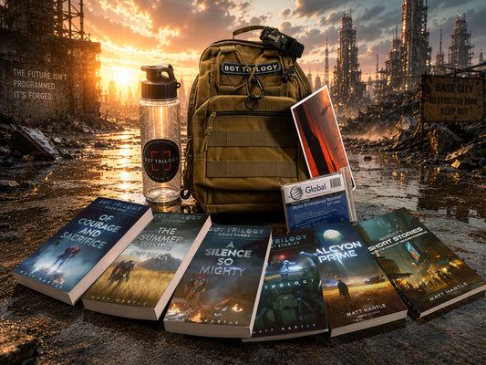 A tactical-style olive green backpack stands in a ruined futuristic city scene, surrounded by several books, a clear water bottle, and a small card. The backpack has a visible 'BOT TRILOGY' patch, and the books appear to be the sold product set rather than incidental props.