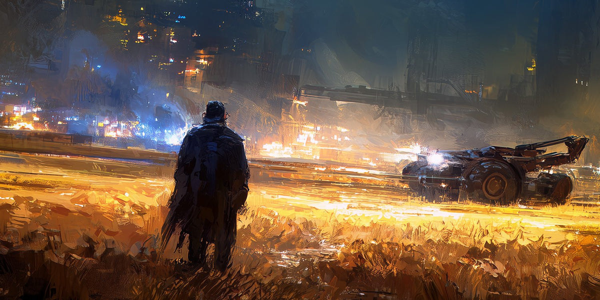 A lone figure in a golden field at the edge of Base City at night