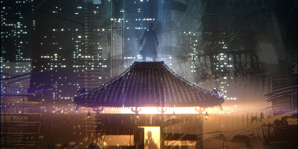 A lantern-lit shrine below the towers of Base City
