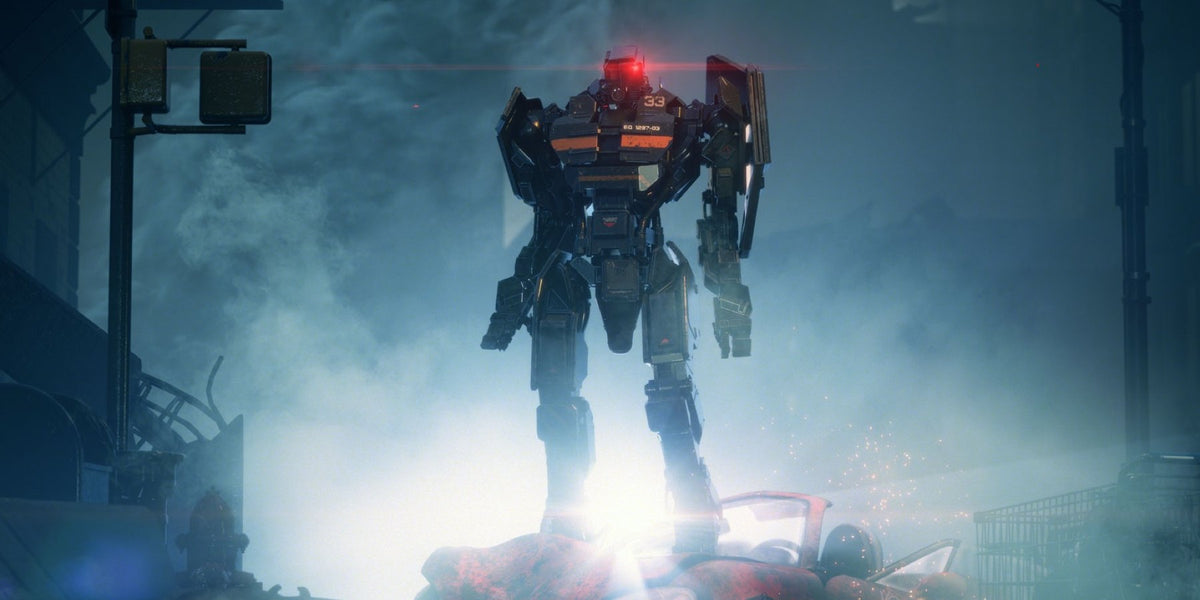 A bot with a red eye standing in a smoky city street