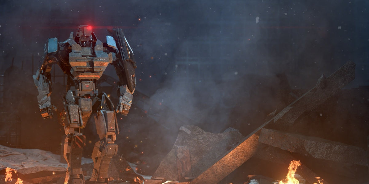 A bot walking through burning ruins at night