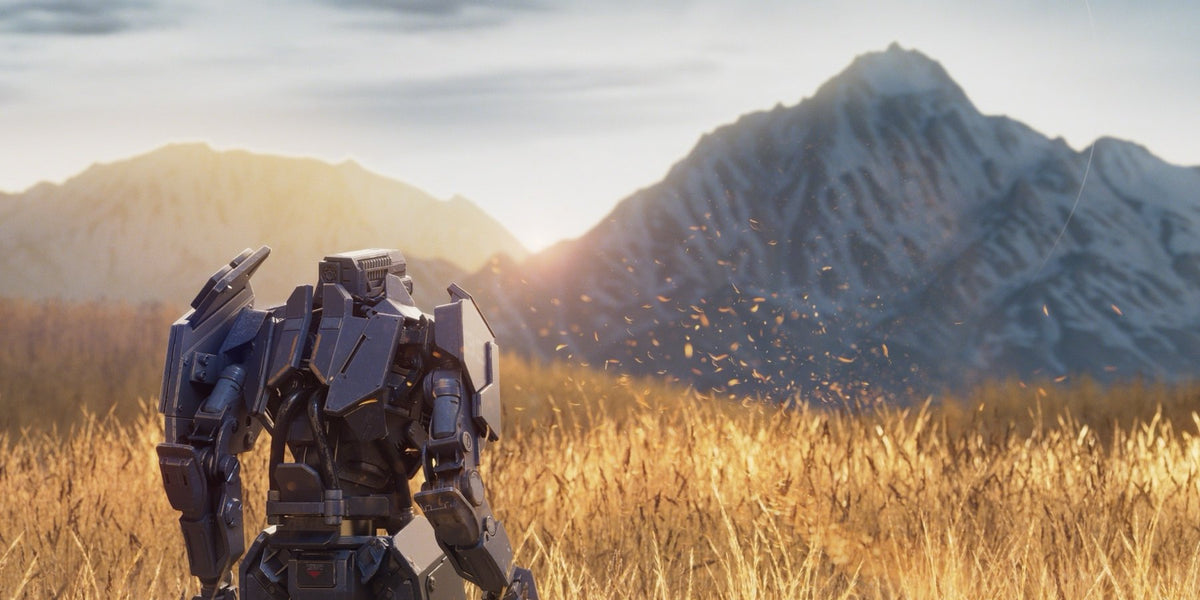 A bot in a golden field below the mountains
