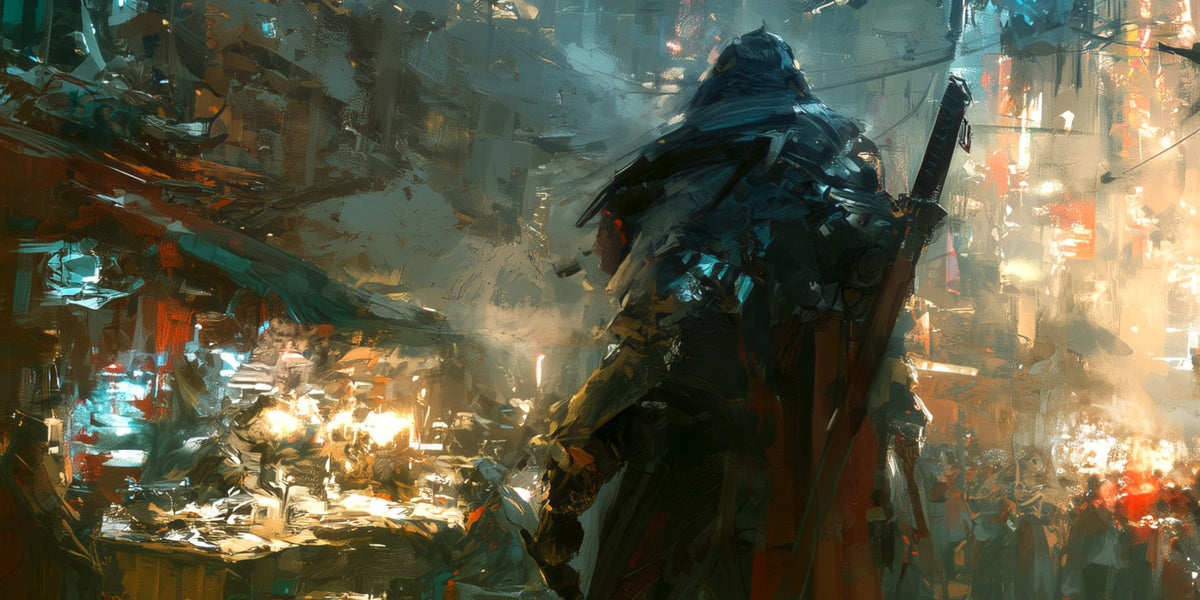 A hooded figure with a sword in the neon streets of Base City