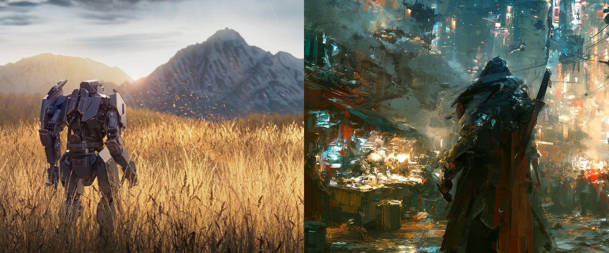 A bot standing in a golden field below the mountains, beside a lone figure in the neon streets of Base City